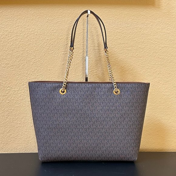 Michael Kors Jet Set Item Large Front Pocket Shoulder Chain Tote Bag MK Brown - Picture 2 of 11